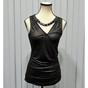 Cache Black Shimmer XS Rhinestone Neckline Glam Y2K Clubwear Party Blouse VTG